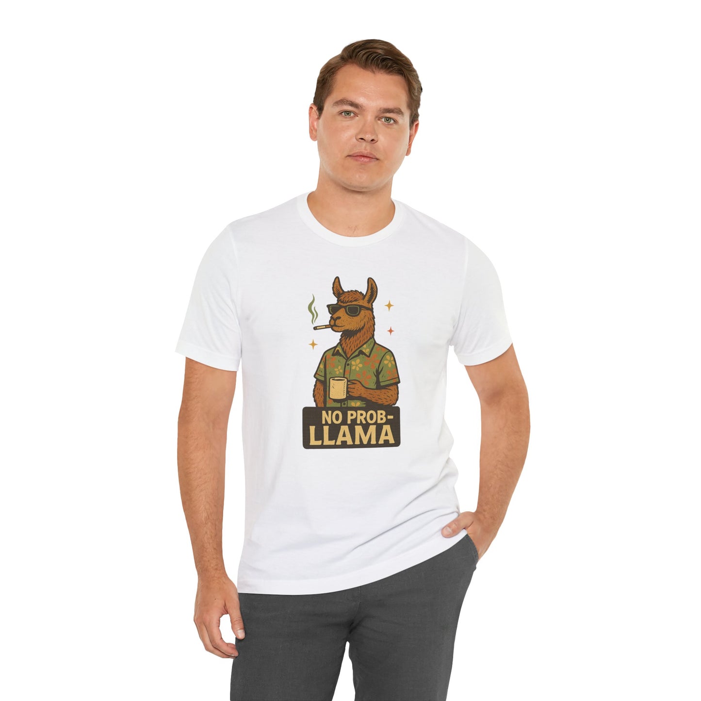 No Prob-llama - Old School Smoking and Coffee Drinking Llama - Unisex 100% Cotton T-shirt
