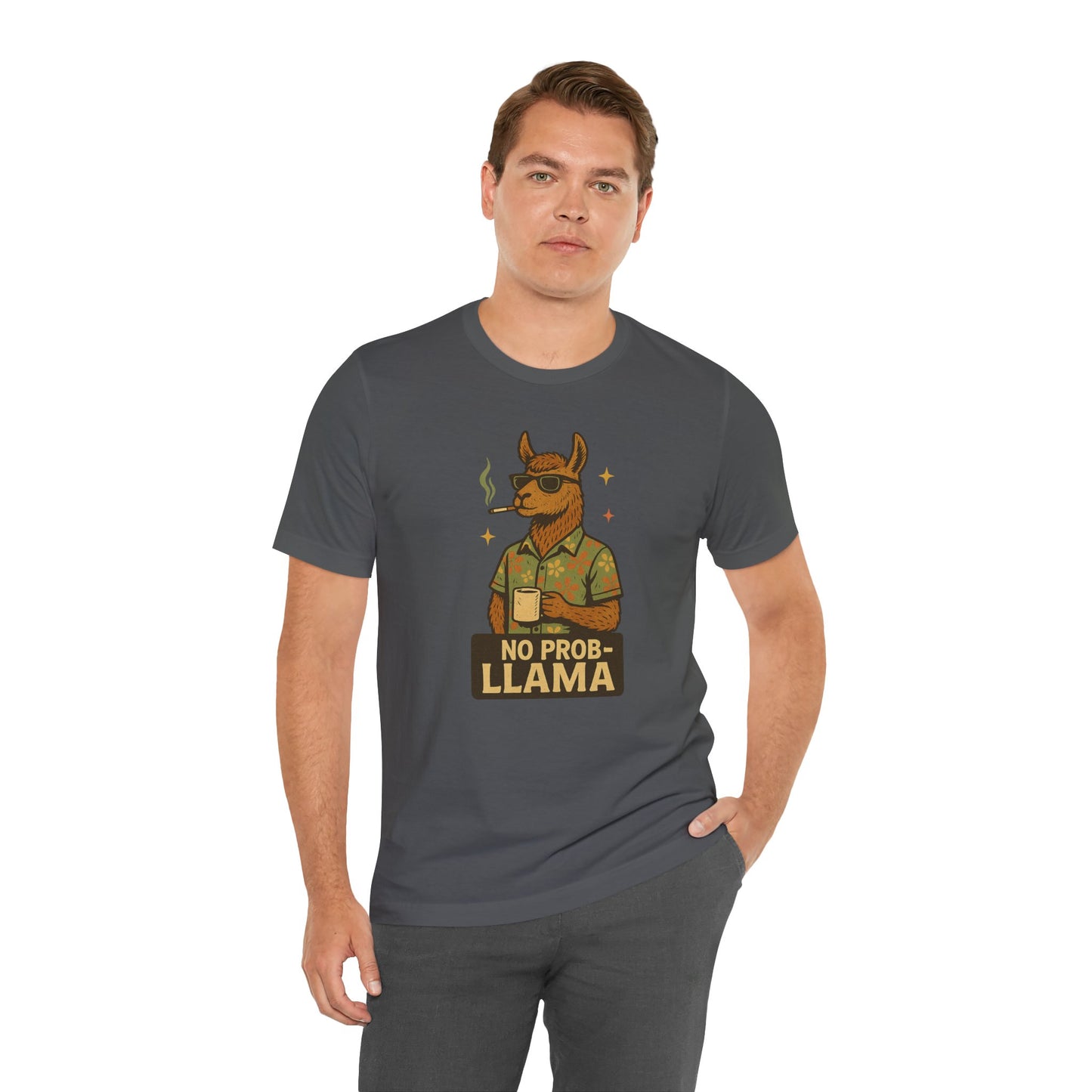 No Prob-llama - Old School Smoking and Coffee Drinking Llama - Unisex 100% Cotton T-shirt