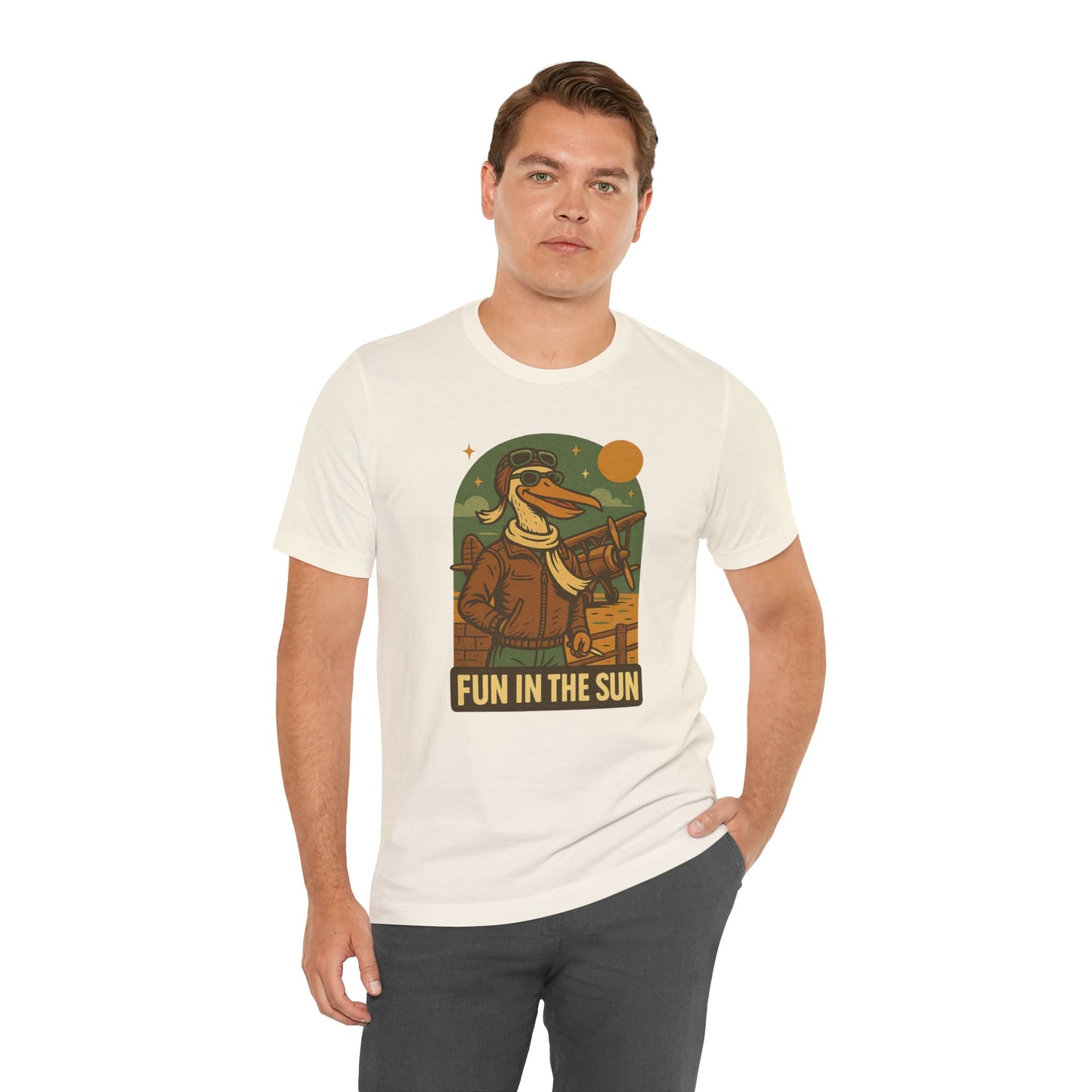 Fun in the Sun - Retro Funny Old School Veteran Pilot Pelican - Unisex 100% Cotton T-shirt