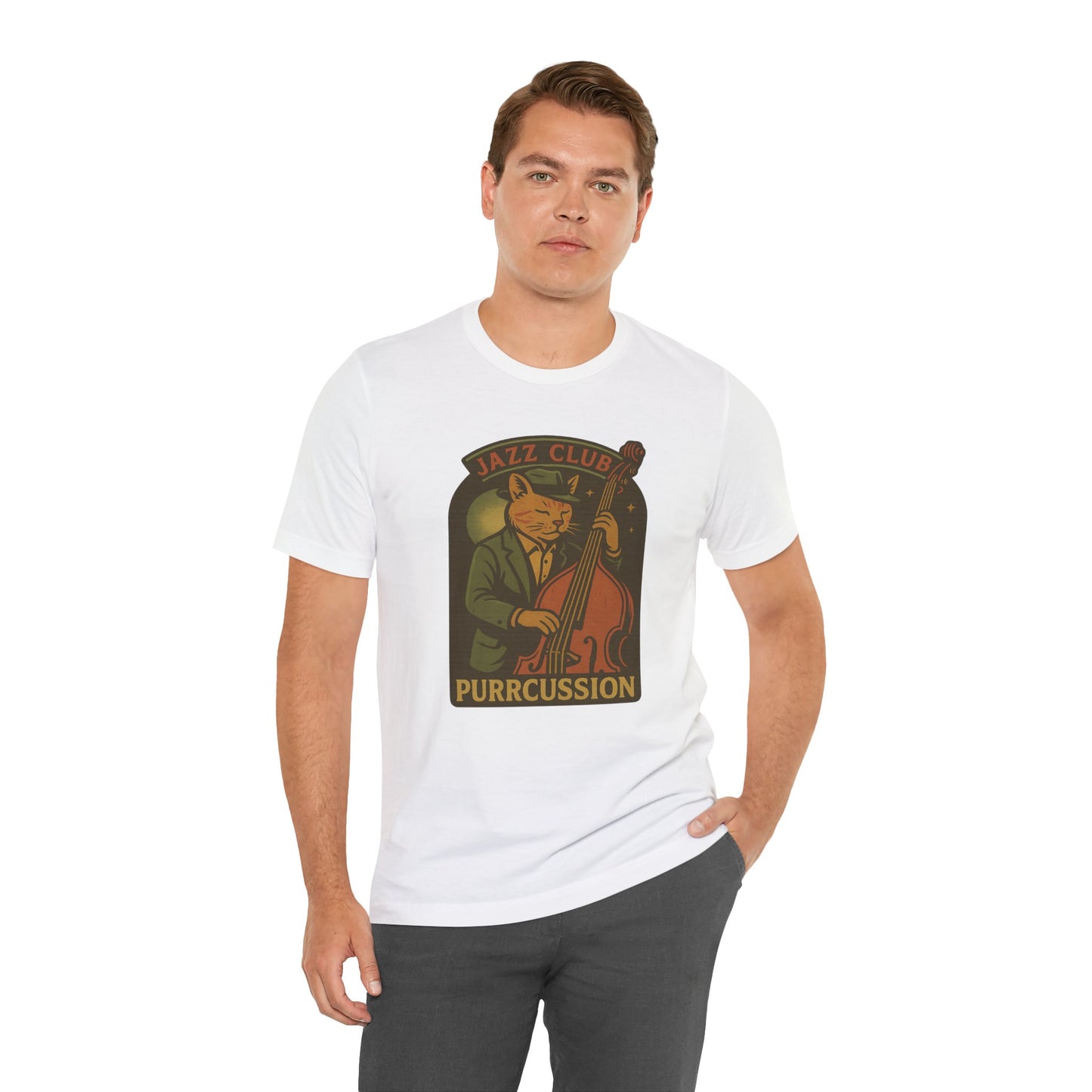 Purrcussion - Jazz Cat Playing on Cello - Unisex 100% Cotton T-shirt
