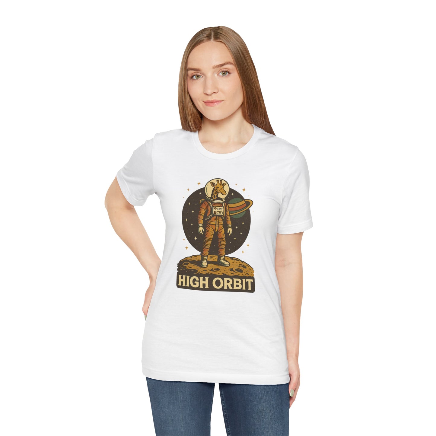 High Orbit - Old School Giraffe Astronaut in Space - Unisex 100% Cotton T-shirt