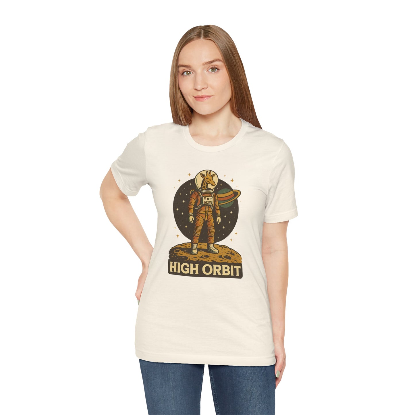 High Orbit - Old School Giraffe Astronaut in Space - Unisex 100% Cotton T-shirt