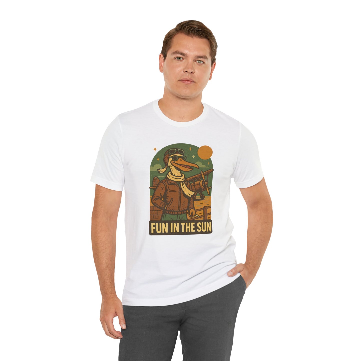 Fun in the Sun - Retro Funny Old School Veteran Pilot Pelican - Unisex 100% Cotton T-shirt