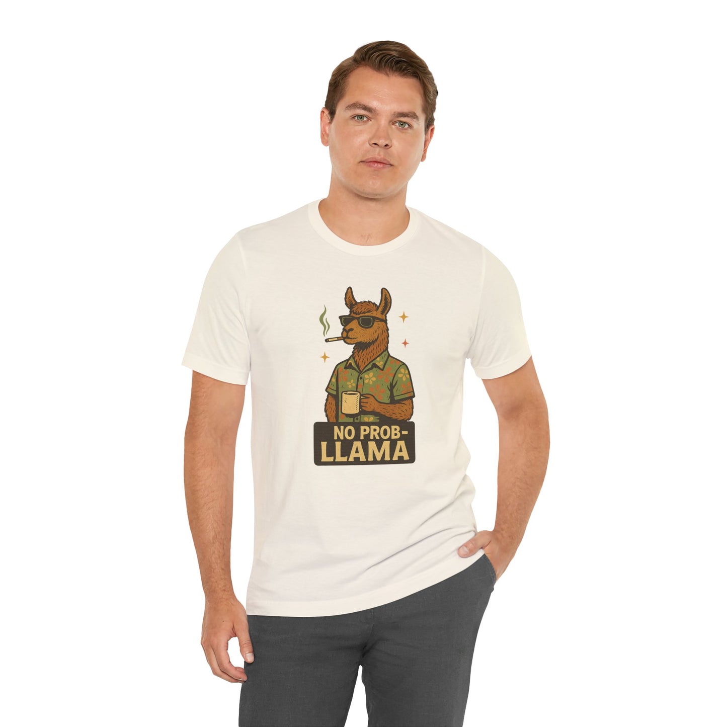 No Prob-llama - Old School Smoking and Coffee Drinking Llama - Unisex 100% Cotton T-shirt