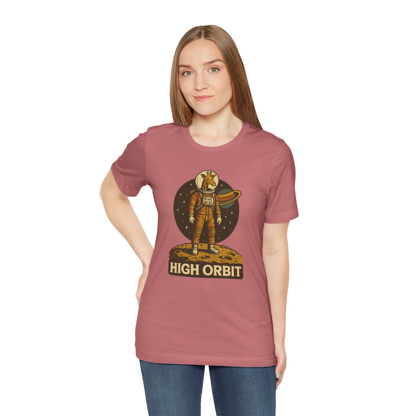 High Orbit - Old School Giraffe Astronaut in Space - Unisex 100% Cotton T-shirt