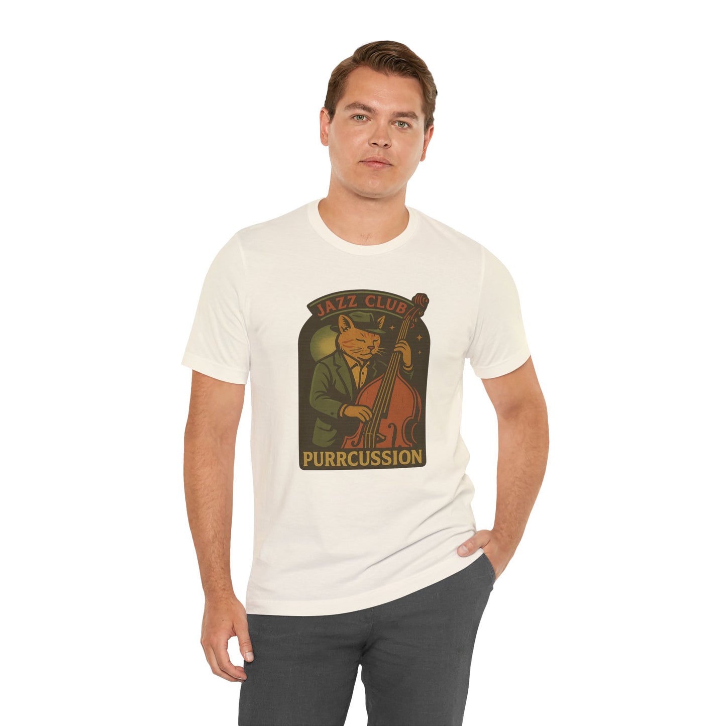 Purrcussion - Jazz Cat Playing on Cello - Unisex 100% Cotton T-shirt